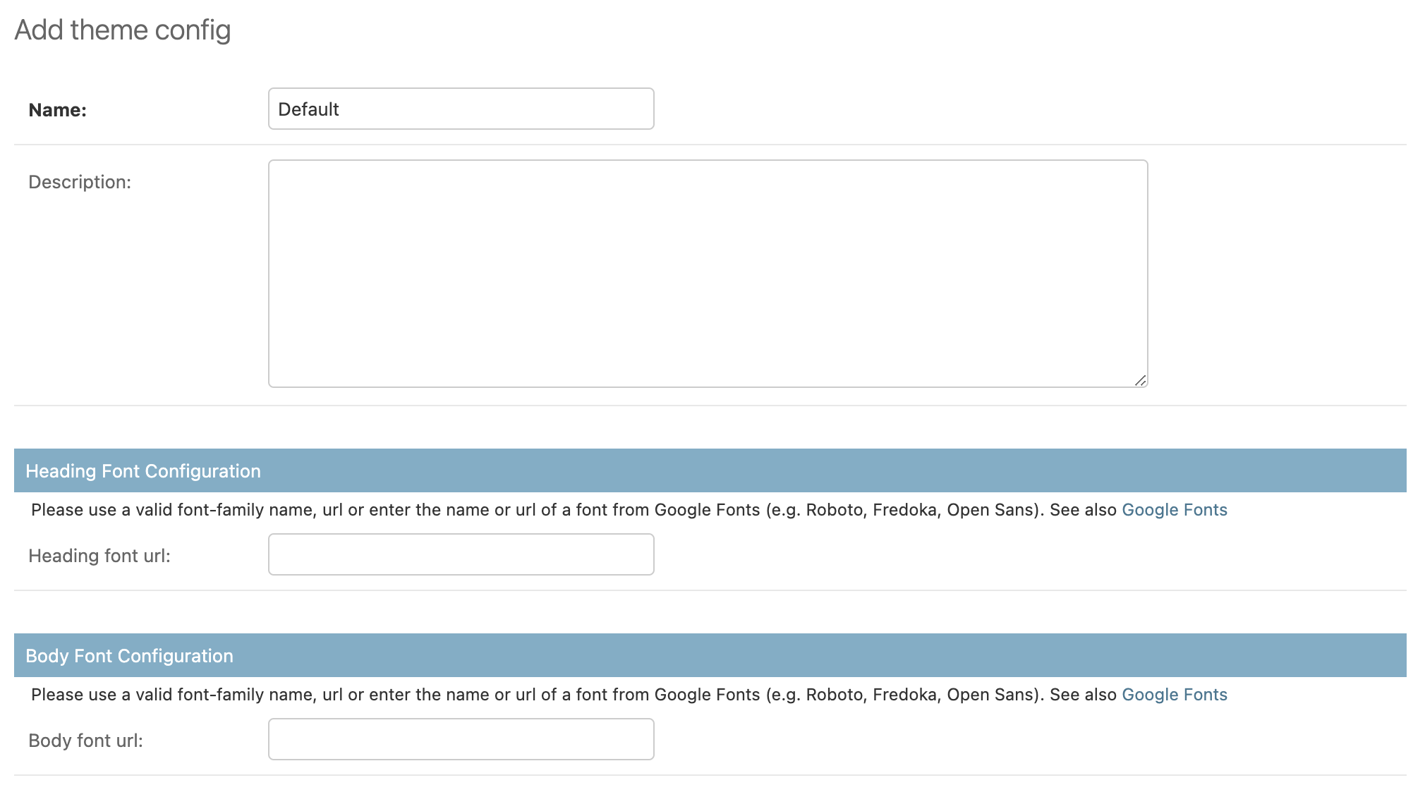 Adding a name, description, and a heading and body font to a theme